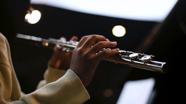 Cinematic Close Up of Musician Playing Silver Flute in rehearsal studio music