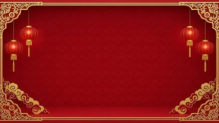 Elegant red background with golden ornaments and hanging lanterns