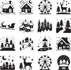 black and white winter christmas icons pack