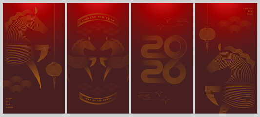 A vertical illustration set celebrating Chinese New Year and the Year of the Horse,