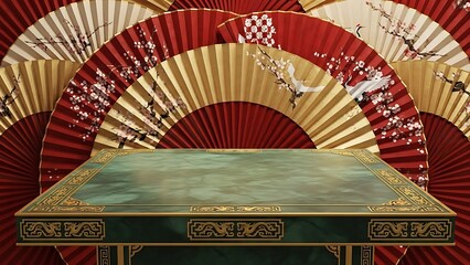 Elegant display stage with decorative fans suitable for product presentation