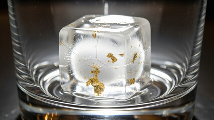 Clear Ice Cube with Gold Flakes in Glass.