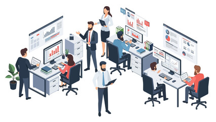 Fototapeta premium Business team collaborating and analyzing digital data in a modern office workspace, isometric view.