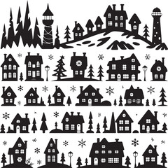 black and white silhouette of houses and trees with snowflakes