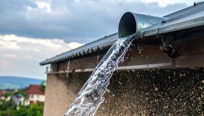 Water pouring from a metallic downspout of a building's gutter