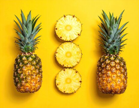 Two whole pineapples with sliced center pieces on a yellow background