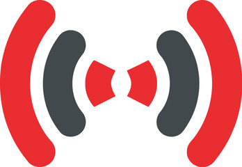 Minimalist graphic icon representing symmetrical wireless signal transmission or radio wave broadcasting using red and dark gray shapes on white
