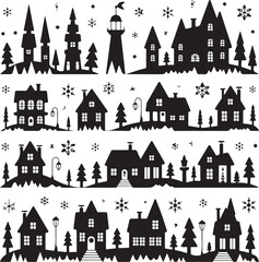 blackandwhite illustration of houses and trees in winter village scene