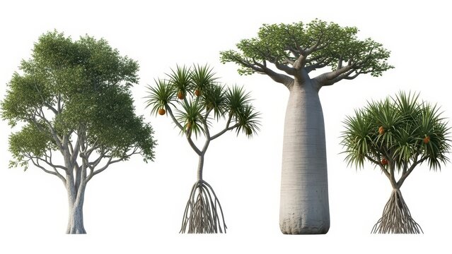 Exotic Trees Set Baobab, Pandanus, Lush Greenery, Isolated on White