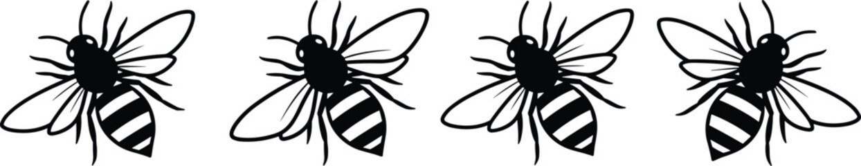 Black and white bee illustration set, hand drawn honeybee silhouettes, flying insect vector icons, minimal nature design, pollinator artwork isolated background © Shammi's World