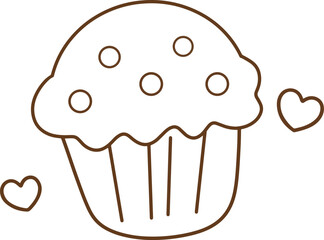 Cupcake line icon with chocolate chips and a heart.