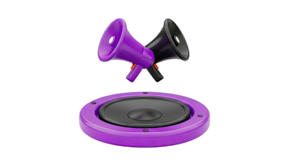 Purple and black speakers with megaphones