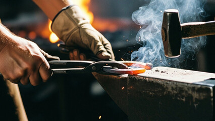 Blacksmith Forging Hot Metal with Hammer.