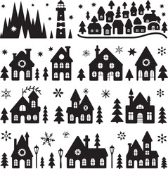 black and white silhouette of houses and trees with snowflakes