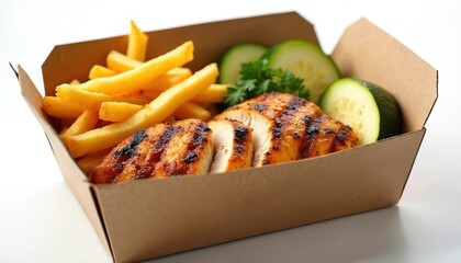 Grilled chicken breast with french fries and sliced zucchini served in a brown takeout box. The food is arranged attractively with fresh parsley as garnish. Healthy meal option for lunch or dinner.