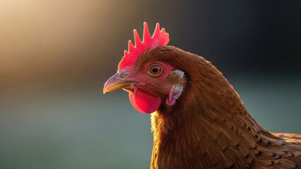 Brown Chicken with Red Comb Closeup.