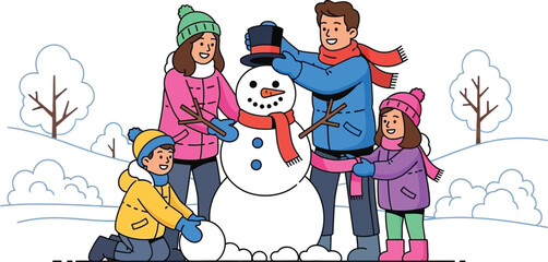 Happy diverse family enjoying a winter day outdoors together creating a charming snowman with classic accessories in the snow