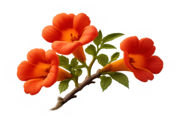 Three vibrant orange trumpet vine flowers blooming on a branch with green foliage, featuring a transparent background