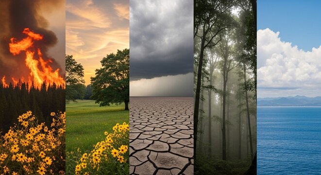 Collection of five natural disaster and weather environment scenes including volcanic eruption storm drought forest and ocean landscape for environmental awareness and nature photography - Powered by Adobe