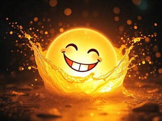 A bright and cheerful smiley face emoji surrounded by splashing water and warm golden light