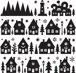 black silhouette of houses and trees with snowflakes on white background