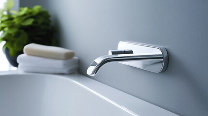 Modern wall-mounted faucet in a contemporary bathroom with soap and towels