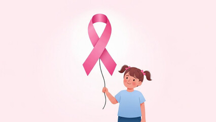 A young girl holding a pink ribbon on a string against a light pink background, symbolizing breast cancer awareness and support with health and hope