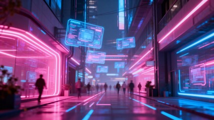 Futuristic city street with neon lights