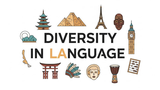 Diversity in language concept with cultural symbols and landmarks from around the world on white background with culture and global and communication