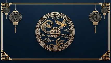 Elegant gold design with mythical creatures on a dark blue background