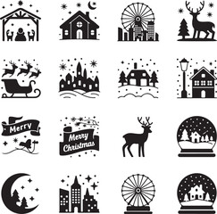 black and white Christmas icons set with winter scenes and symbols