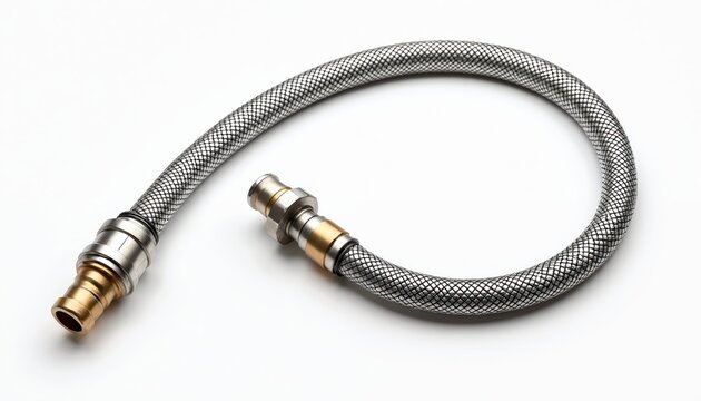 Braided stainless steel flexible hose with metal fittings. Used for fluid or gas transport in plumbing or industrial machinery systems. Shiny metallic conduit on white.