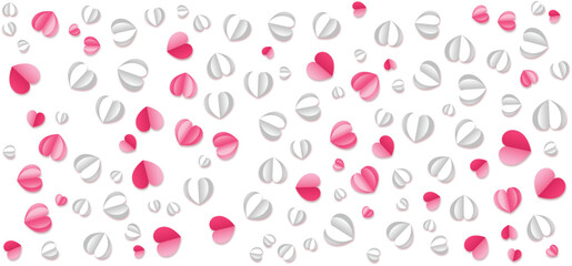 Abstract arrangement of scattered pink and silver petal shapes on white background