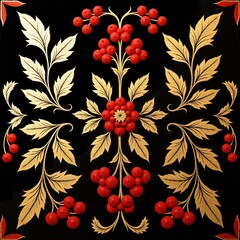 Red and gold floral ornament on a black background