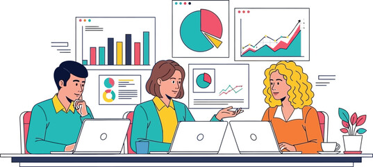 Diverse team of professionals collaborating during a business meeting while analyzing various charts and graphs displayed on digital screens above their laptops