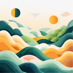Abstract Wavy Landscape with Two Suns and Geometric Shapes in Golden Hour Hues