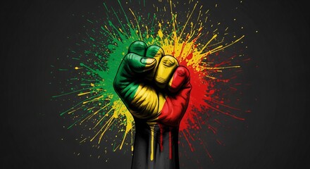 Vibrant colorful fist bump artwork symbolizing unity strength and friendship with splashes of green yellow and red paint on dark background for dynamic visual impact