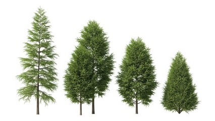 Green Trees on White Background, Isolated Evergreen Conifers, 3D Rendering