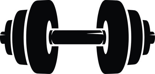 Black and white graphic silhouette icon representing a heavy adjustable dumbbell used for weightlifting and strength training exercises in a gym setting