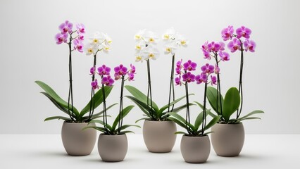 Orchid Plants in Pots Elegant Phalaenopsis Flowers on White Background
