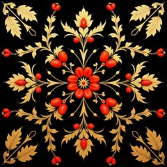 Red and gold floral ornament on a black background
