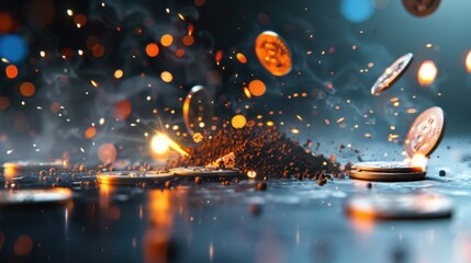 Dynamic Scene of Falling Coins and Dust with Sparkling Lights in an Abstract Background