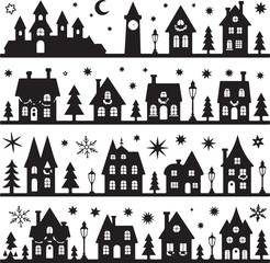 blacksilhouetteofawintervillagescenewithhousesandtrees