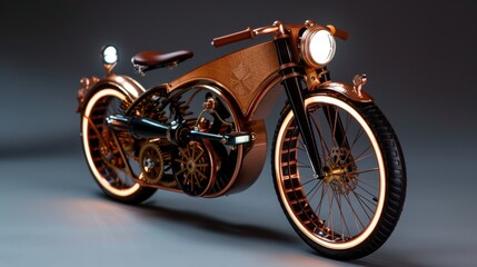 Elegant vintage bicycle with intricate mechanics and glowing wheels showcasing a blend of classic and modern design elements