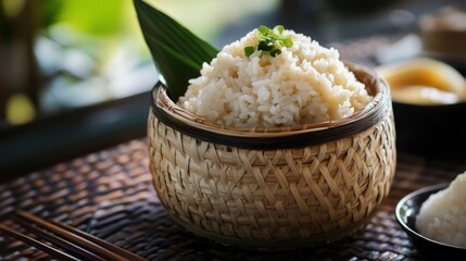 Steamed rice in a woven bamboo bowl, tropical foliage background, Asian cuisine