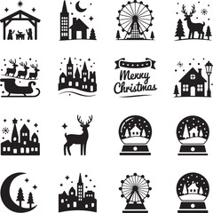 Black silhouettes of Christmas icons and symbols on white background