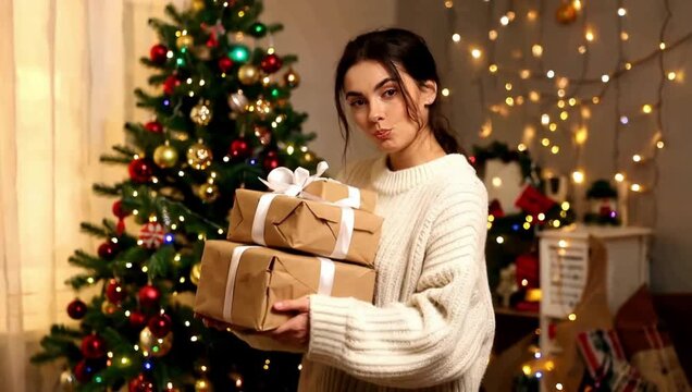 Young woman holding two wrapped Christmas presents in front of a decorated tree and festive lights.