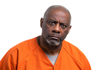 Mid-aged man in orange prison jumpsuit against on a white or transparent background.