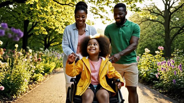 Parents push child in wheelchair through park with flowers. Happy family walks together in garden. Parents support disabled child in wheelchair. Girl waves at park while family walks together.