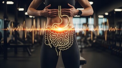 Mujer activa en un gimnasio tocando su est&oacute;mago con una brillante ilustraci&oacute;n de &oacute;rganos digestivos.
 Concepto de apoyo al metabolismo, salud intestinal, fitness y estilo de vida saludable.